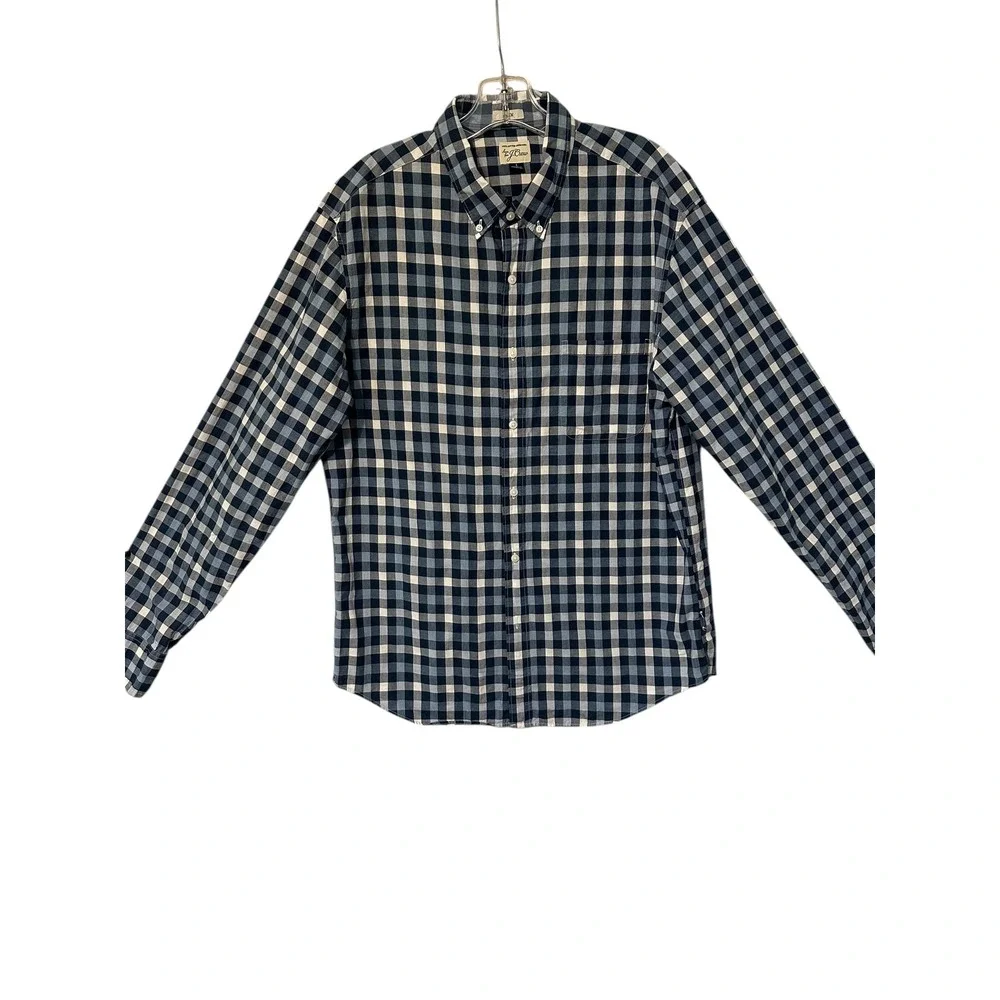 J Crew Mens Button Down Shirt Blue White Check Gingham Long Sleeve Cotton Size L